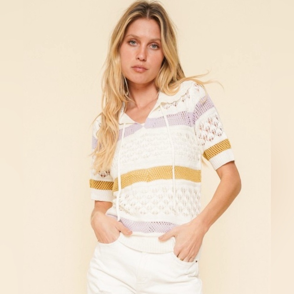 💜 HEM &THREAD Striped Open Crochet Top - Picture 1 of 3